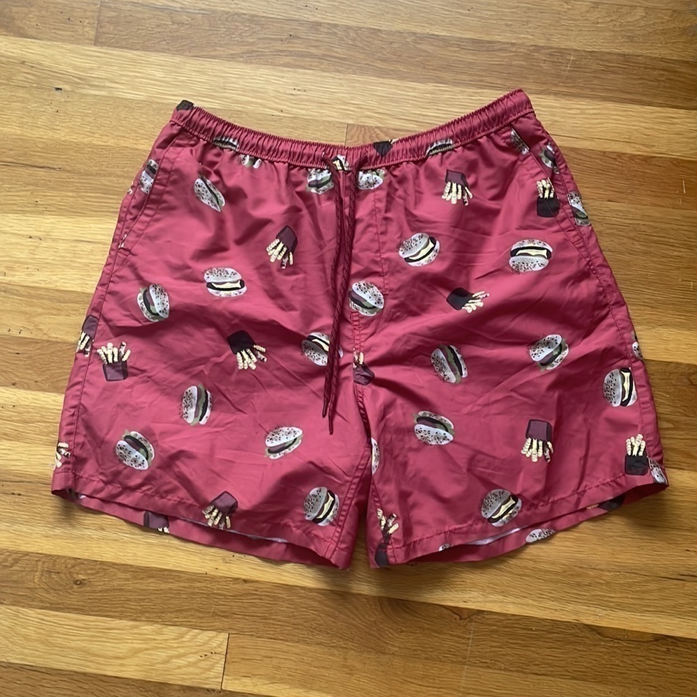 Urban Outfitters retro hamburger and fries swim trunks pockets size Large